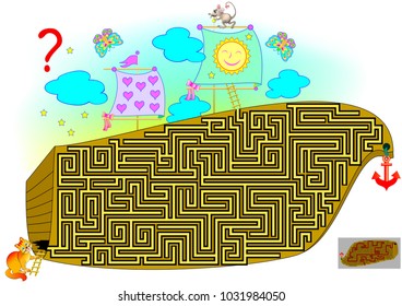 Logic puzzle game with labyrinth for children and adults. Help the cat find the way till the mouse. Vector image.