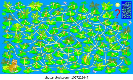 Logic puzzle game with labyrinth for children and adults. Help the monkey get a banana. Find the way clambering along the lianas from island to island. Vector image.