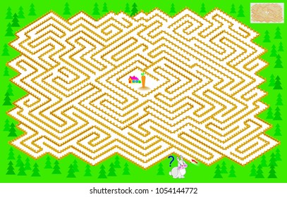 Logic puzzle game with labyrinth for children and adults. Help the rabbit find the way till the carrot. Vector image.
