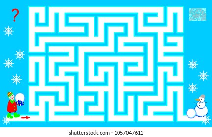 Logic puzzle game with labyrinth for children and adults. Help the boy find the way till the snowman. Vector image.