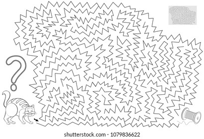 Logic puzzle game with labyrinth for children and adults. Help the cat find the way till the spool. Black and white vector image.