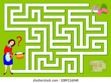 Logic puzzle game with labyrinth for children and adults. Which way the mouse has ran away? Vector image.