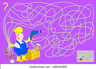 Logic puzzle game with labyrinth for children and adults. Which of the electric plugs the worker must plug into the outlet to connect the drill? Vector image.
