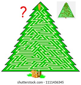 Logic puzzle game with labyrinth for children and adults. Help the squirrel find the way to the fir cone. Vector cartoon image.