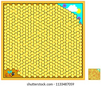 Logic puzzle game with labyrinth for children and adults. Help the bee find the way out of the hive. Vector cartoon image.