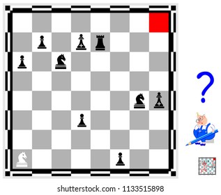 Logic puzzle game with labyrinth for children and adults. Find the way from white knight till the red cell respecting rules of chess game. Vector cartoon image.