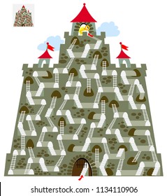 Logic puzzle game with labyrinth for children and adults. Find the way in the castle till tower with key. Vector cartoon image.