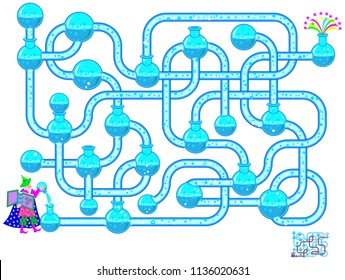 Logic puzzle game with labyrinth for children and adults. Find the way for the chemical reaction from the wizard till the fireworks. Vector cartoon image.