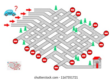 Logic puzzle game with labyrinth for children and adults. Help the taxi driver find the way to the hotel. Which road should he choose? Vector cartoon image.