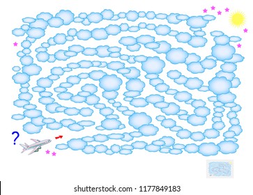 Logic puzzle game with labyrinth for children and adults. Help the plane find the way between clouds till sun. Vector cartoon image.