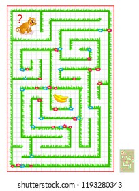 Logic puzzle game with labyrinth for children and adults on square paper. Help the monkey find the way till banana. Draw the line. Vector cartoon image.
