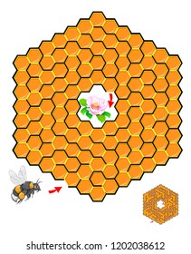 Logic puzzle game with labyrinth for children and adults. Help the bumblebee find the way in the honeycomb till flower and draw the line. Vector cartoon image.