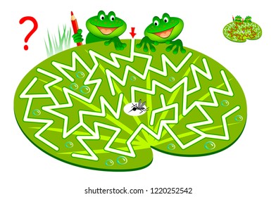 Logic puzzle game with labyrinth for children and adults. Help two hungry frogs find way to mosquito and draw the line. Vector cartoon image.