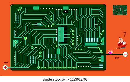 Logic puzzle game with labyrinth for children and adults. Help the scientist find a path for the electromagnetic waves on the electronic board and turn on the light. Draw the line. Vector image.