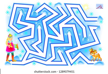 Logic puzzle game with labyrinth for children and adults. Help the girl to feed the fawn, find the way and draw the line. Printable worksheet for baby book. Vector cartoon image.