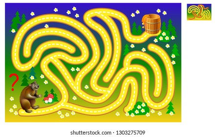 Logic puzzle game with labyrinth for children and adults. Help the bear find the way till the barrel with honey. Printable worksheet for baby book. Vector cartoon image.