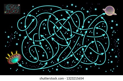Logic puzzle game with labyrinth for children and adults. Help the flying saucer find the way till the planet. Printable page for brainteaser book. Vector cartoon image.