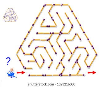 Logic puzzle game with labyrinth for children and adults. Find the way between matchsticks and draw the line. Printable page for brainteaser book. Vector cartoon image.