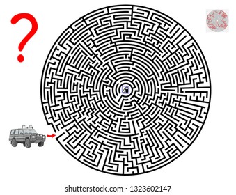 Logic puzzle game with labyrinth for children and adults. Help the car find the way till the petrol station. Printable worksheet for brainteaser book. Vector cartoon image.