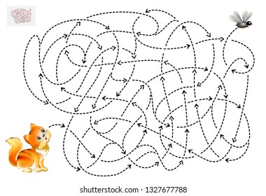 Logic puzzle game with labyrinth for children and adults. Help the kitten find the way till the fly. Printable page for brainteaser book. Vector cartoon image.
