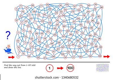 Logic puzzle game with labyrinth for children and adults. Find the way out from number 1 till 100 and draw the line. Printable worksheet for brainteaser book. Developing skills for counting.