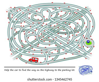 Logic puzzle game with labyrinth for children and adults. Help the car to find the way on the highway to the parking lot. Printable worksheet for brainteaser book. Developing skills for counting.