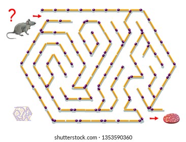 Logic puzzle game with labyrinth for children. Help the rat find way between matchsticks till sausage. Scientific experiment of spatial thinking in mice. Printable worksheet for brainteaser book.
