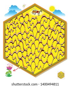 Logic puzzle game with labyrinth for children and adults. Help the bee find the way out of the honeycomb till the flower. Printable page for brainteaser book. Vector cartoon image.