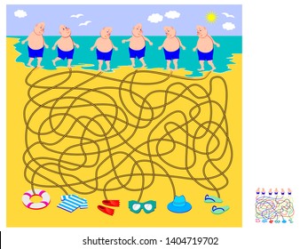 Logic puzzle game with labyrinth for children. What things everybody has lost on the beach. Help every swimmer find his stuff. Draw the way. Printable worksheet for brainteaser book.