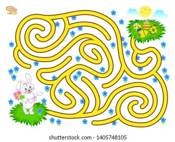 Logic puzzle game with labyrinth for children. Help the rabbit find the way till Easter egg. Printable worksheet for brainteaser book. Vector cartoon image.