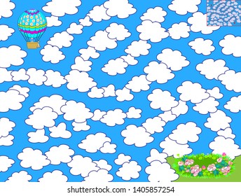 Logic puzzle game with labyrinth for children. Help the air balloon find the way to fly between the clouds and land in the meadow. Printable worksheet for brainteaser book. Vector cartoon image.