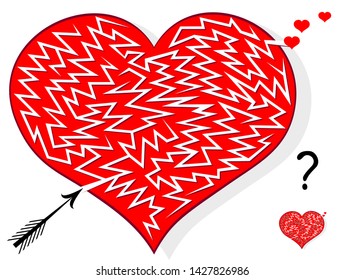 Logic puzzle game with labyrinth for children and adults. Find which way the arrow can pierce the heart. Printable worksheet for brainteaser book. Vector cartoon image.