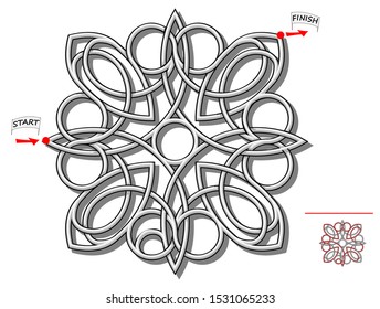 Logic puzzle game with labyrinth for children and adults. Find  the way through Celtic Knot wire from start till finish. Worksheet with maze for kids brain teaser book. IQ test. Vector cartoon image.