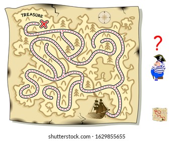 Logic puzzle game with labyrinth for children and adults. Help pirate find way on the treasure island map till the buried gold. Printable worksheet for kids brain teaser book. IQ test. Vector image.