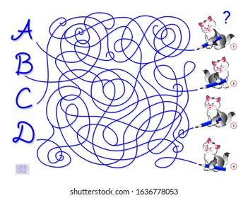 Logic puzzle game with labyrinth for children and adults. What letter has wrote each cat? Find the way. Printable worksheet for kids brain teaser book. IQ training test. Flat vector cartoon image.