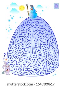 Logic puzzle game with labyrinth for children and adults. Help the little rabbit find the way till the snowman. Printable worksheet for kids brain teaser book. IQ training test. Vector cartoon image.