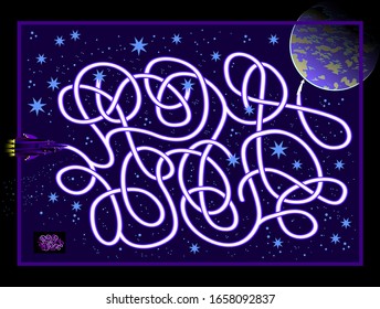 Logic puzzle game with labyrinth for children and adults. Help the spaceship find the way in the universe to the earth. Printable worksheet for kids brain teaser book. IQ test. Vector cartoon image.