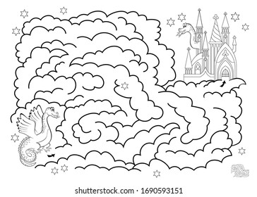 Logic puzzle game with labyrinth for children and adults. Help the dragon find the way between the clouds to the tower. Printable worksheet for kids brain teaser book. Black and white vector image.