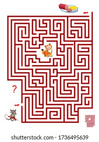 Logic puzzle game with labyrinth for children and adults. Help the mouse find the way in till the food without meeting cat. Printable worksheet for kids brain teaser book. IQ test. Online playing.