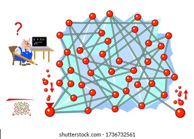Logic puzzle game with labyrinth for children and adults. Help the professor find the way for chemical reaction. Printable worksheet for kids brain teaser book. IQ test. Flat vector. Online playing.
