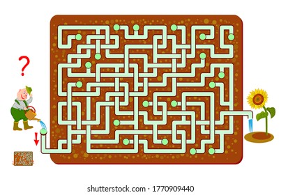 Logic puzzle game with labyrinth for children and adults. Help the gardener watering the flower.  Find the way. Printable worksheet for kids brain teaser book. IQ test. Online playing. Flat vector.