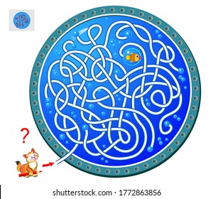 Logic puzzle game with labyrinth for children and adults. Help the cat catch the fish. Find the way and draw the line. Worksheet for kids brain teaser book. IQ test. Online playing. Flat vector.