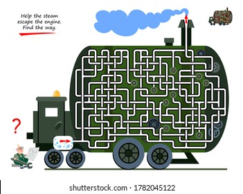 Logic Puzzle Game With Labyrinth For Children And Adults. Help The Steam Escape The Engine. Find The Way. Printable Worksheet For Kids Brain Teaser Book. IQ Test. Online Playing. Flat Vector.