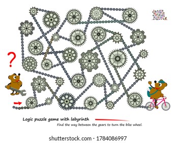 Logic puzzle game with labyrinth for children and adults. Find the way between the gears to turn the bike wheel. Printable worksheet for kids brain teaser book. IQ test. Online playing. Flat vector.