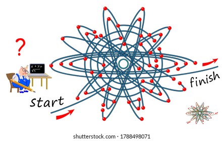 Logic puzzle game with labyrinth for children and adults. Help the scientist  find the way between electrons to get out of orbit. Worksheet brain teaser book. IQ test. Online playing. Flat vector.