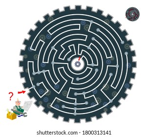 Logic puzzle game with labyrinth for children and adults. Help the engineer find the way till the central gear. Worksheet for kids brain teaser book. IQ test. Online playing. Flat vector.