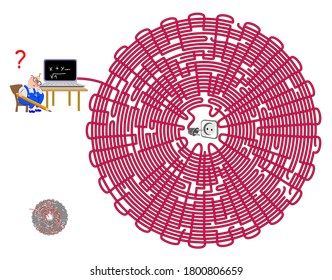 Logic puzzle game with labyrinth for children and adults. Help the professor charge his computer. Find the way. Worksheet for kids brain teaser book. IQ test. Online playing. Flat vector.