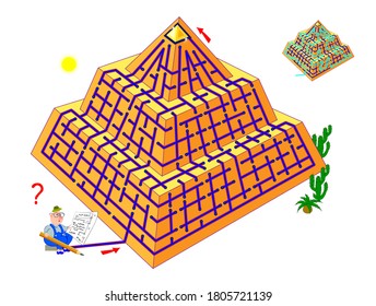 Logic puzzle game with labyrinth for children and adults. Help the scientist find the way in ancient pyramid to gold treasure. Worksheet for kids brain teaser book. IQ test. Online playing.