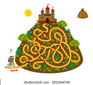 Logic puzzle game with labyrinth for children and adults. Find the path and help the postman deliver the letter to the castle. Worksheet for kids brain teaser book. IQ test. Online playing.