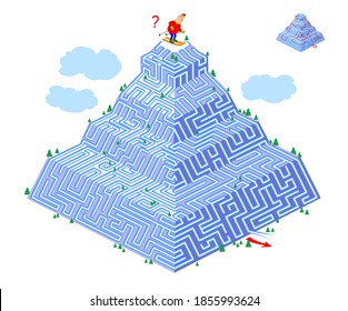 Logic puzzle game with labyrinth for children and adults. Help the skier get down the mountain. Find the way. Worksheet for kids brain teaser book. IQ test. Play online. Flat vector illustration.